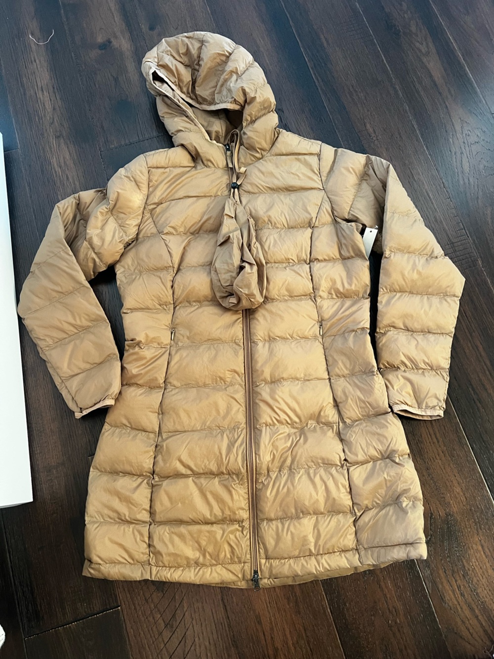 Lightweight water resistant hooded puffer coat in camel